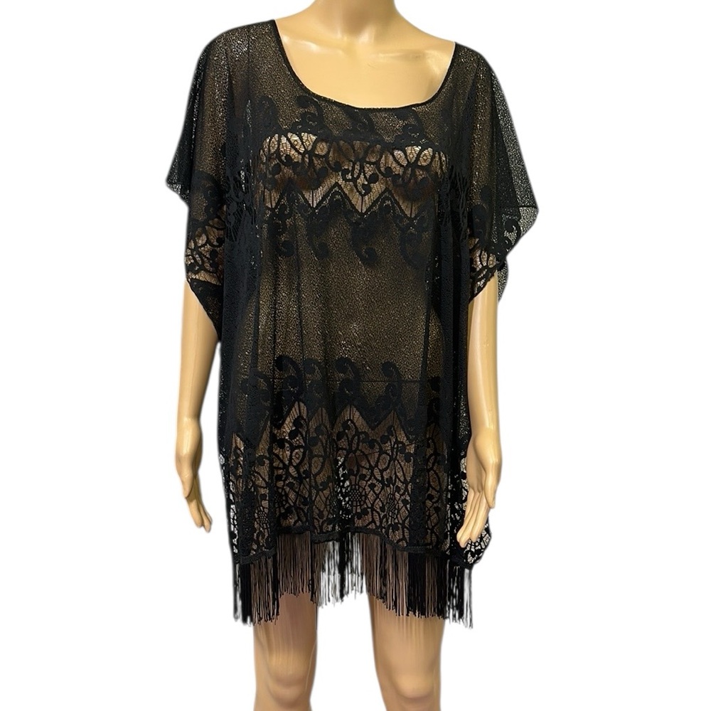 Arianna by Howards Black Lace Boho Fringed Tunic Top Swimsuit Coverup One Size